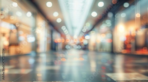 Blurry image of an empty shopping mall, in the style of minimalist backgrounds, enchanting lighting, glowing lights, luxurious defocused bokeh effect. © James Ellis