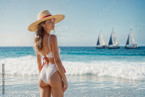 Beautiful young woman in swimsuit and hat on tropical sand beach.