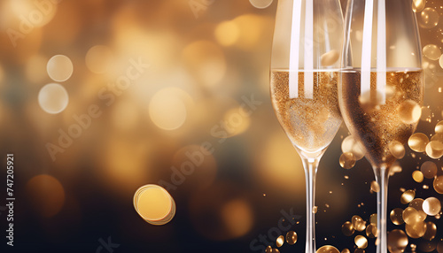 Two glasses of champagne and bottle gold shining banner Christmas night and New Years Eve two champagne glasses with sparks and confetti generated by AI
