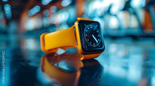 A vibrant yellow smartwatch rests on a reflective surface, showcasing its sleek design in a contemporary gym setting. photo