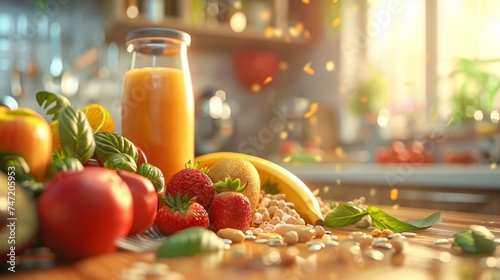 A vibrant selection of fresh fruits, vegetables, and a juice bathed in warm sunlight on a kitchen counter. photo