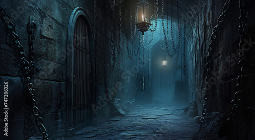 Mysterious Medieval Dungeon Corridor Illuminated by Eerie Lantern Light - A Dark and Atmospheric Stone Passage Perfect for Horror and Fantasy Themes
