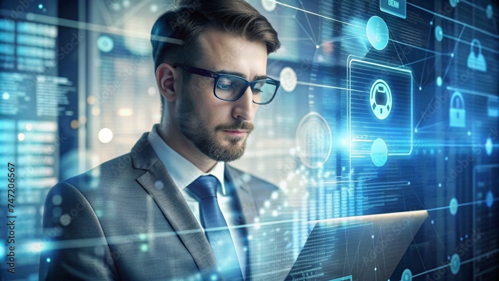 Software data hologram technology and man with code and analytics over face Software data hologram technology and man with code and analytics over face