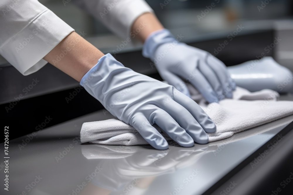 Fototapeta premium Close up unrecognizable person cleaner hand protection rubber glove wiping shiny surface window antibacterial duster cloth. General house cleaning service apartment household Corona Virus disinfection