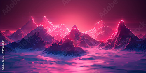 Purple lights illuminate abstract mountains  Cyberpunk mountain landscape abstract background