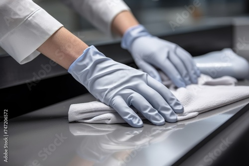 Close up unrecognizable person cleaner hand protection rubber glove wiping shiny surface window antibacterial duster cloth. General house cleaning service apartment household Corona Virus disinfection © Yuliia