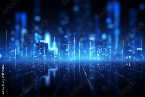 Futuristic cyberpunk digital smart city blue neon lights skyscrapers urban architecture building wireless network tech connection abstract background future technology virtual reality online logistics