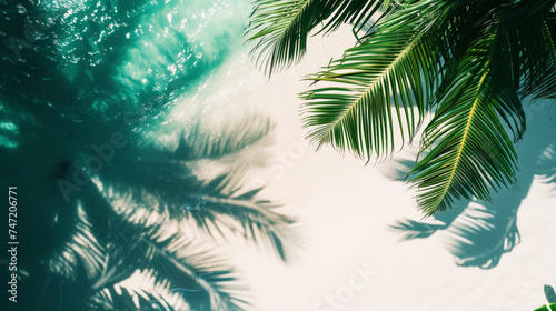 Aesthetic aerial view of white sand coast  light blue ocean and shadows from palm leaves. Luxury holidays. Generative AI