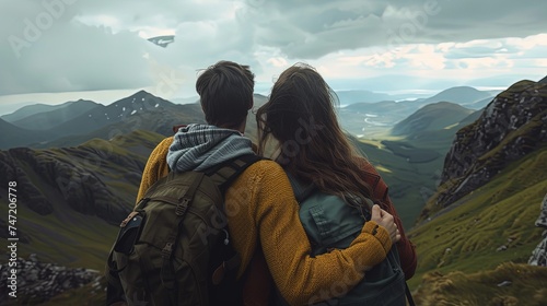 Cute happy young couple taking selfie on mountain