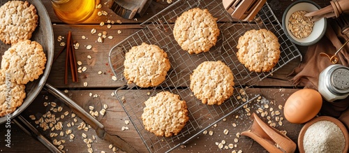Oatmeal cookies cooling on a wooden table, a delicious baked goods using oats as a key ingredient in this dessert recipe.
