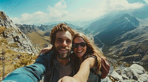 Portarit of young couple on a mountain taking selfie