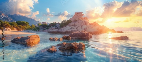 The sun is descending towards the horizon, casting a warm glow over the rugged rocks and sandy shores of Corsicas seaside. The tranquil waves gently lap against the shore as the sky transforms into