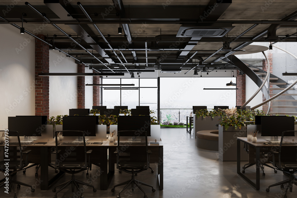 Grey coworking interior with table and pc desktop in row and panoramic window