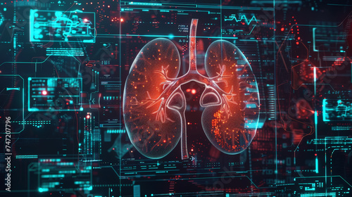 Dark 3d futuristic model of human kidneys, nephrology healthcare concept. Scientific researches and data. Generative AI