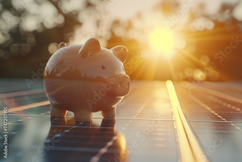 Solar energy money saving. A piggy bank money box on a solar energy panel photo