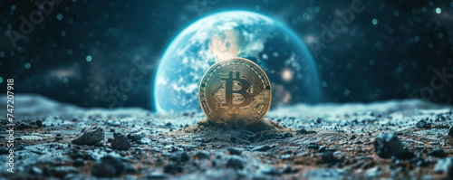 Close-up of Bitcoin on moon dust, Earth's blue glow distant photo