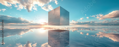 Cube gently floating above a reflective surface, creating a symmetrical illusion