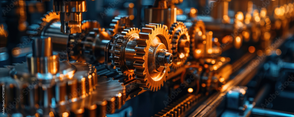 Gleaming gears at the core of machinery, close-up on industrial innovation