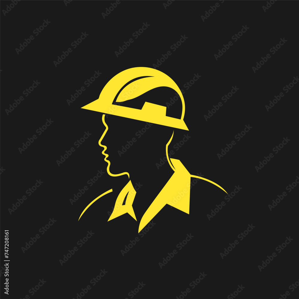 A builder, mechanic or tech man side profile. Work man in helmet or maintenance worker side profile silhouette. A builder, mechanic, plumber or electrician icon. Vector