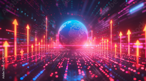 Neon-lit financial arrows soaring over a digital globe  symbolizing global economic surge