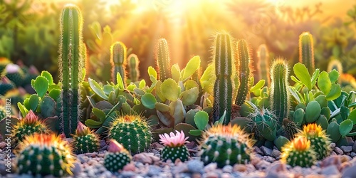 Diverse Cacti Thriving in a Harsh Desert Environment Under Intense Sunlight. Concept Plant Diversity, Desert Environment, Cacti Thirving, Intense Sunlight, Harsh Conditions photo