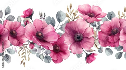 Seamless pink flower bunch green design for mug or plate printing or a background illustration with space, Generative AI.