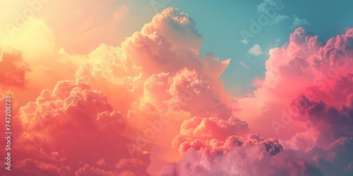 Serene skyscape, with plush clouds basked in a gradient of sunset hues ranging from warm coral to soft peach against a clear backdrop