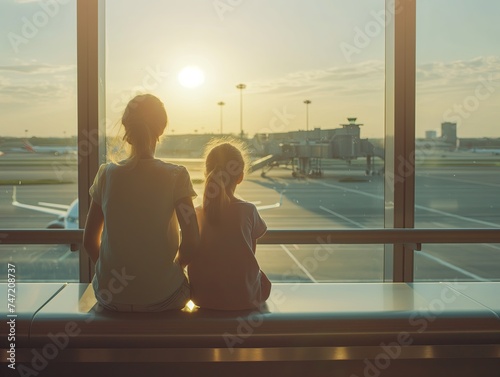 Mother with child in airport terminal