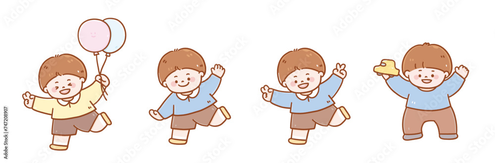 Vector cute illustration style. Happy kindergarten boy having fun and running holding balloons and car toys Vector cute illustration style. Happy kindergarten boy having fun and running holding balloons and car toys