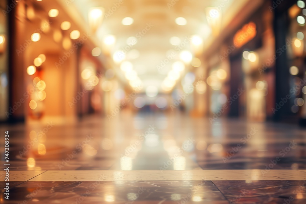 Shop floor walkway in mall with blurred lights, in the style of minimalist defocused background.