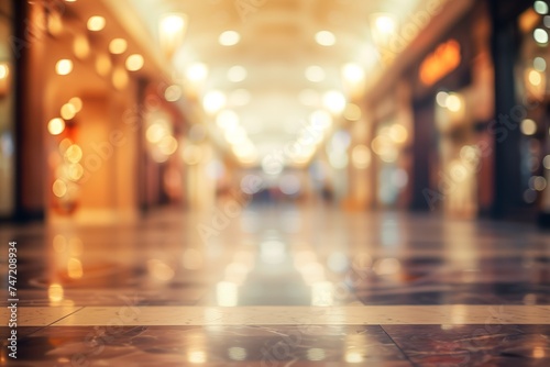 Shop floor walkway in mall with blurred lights, in the style of minimalist defocused background. © James Ellis