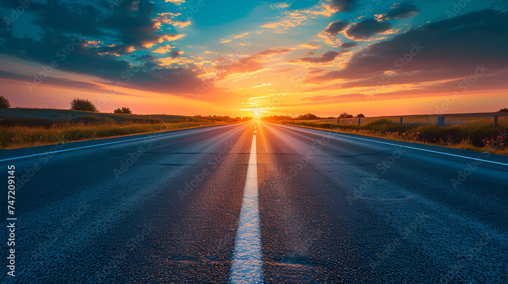 beautiful sun rising sky with asphalt highways road in rural scene use land transport and traveling background. Generative ai  - obrazy, fototapety, plakaty 