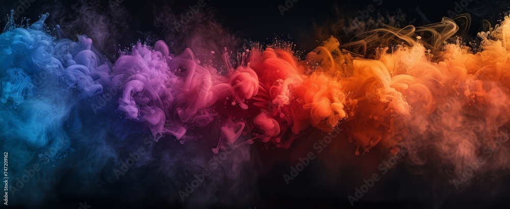 Abstract background with ethereal delicate wisps of smoke in blue and magenta shades against a dark