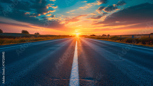 beautiful sun rising sky with asphalt highways road in rural scene use land transport and traveling background. Generative ai 