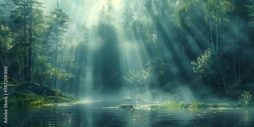 Sunlight Streaming Through Trees in a Forest