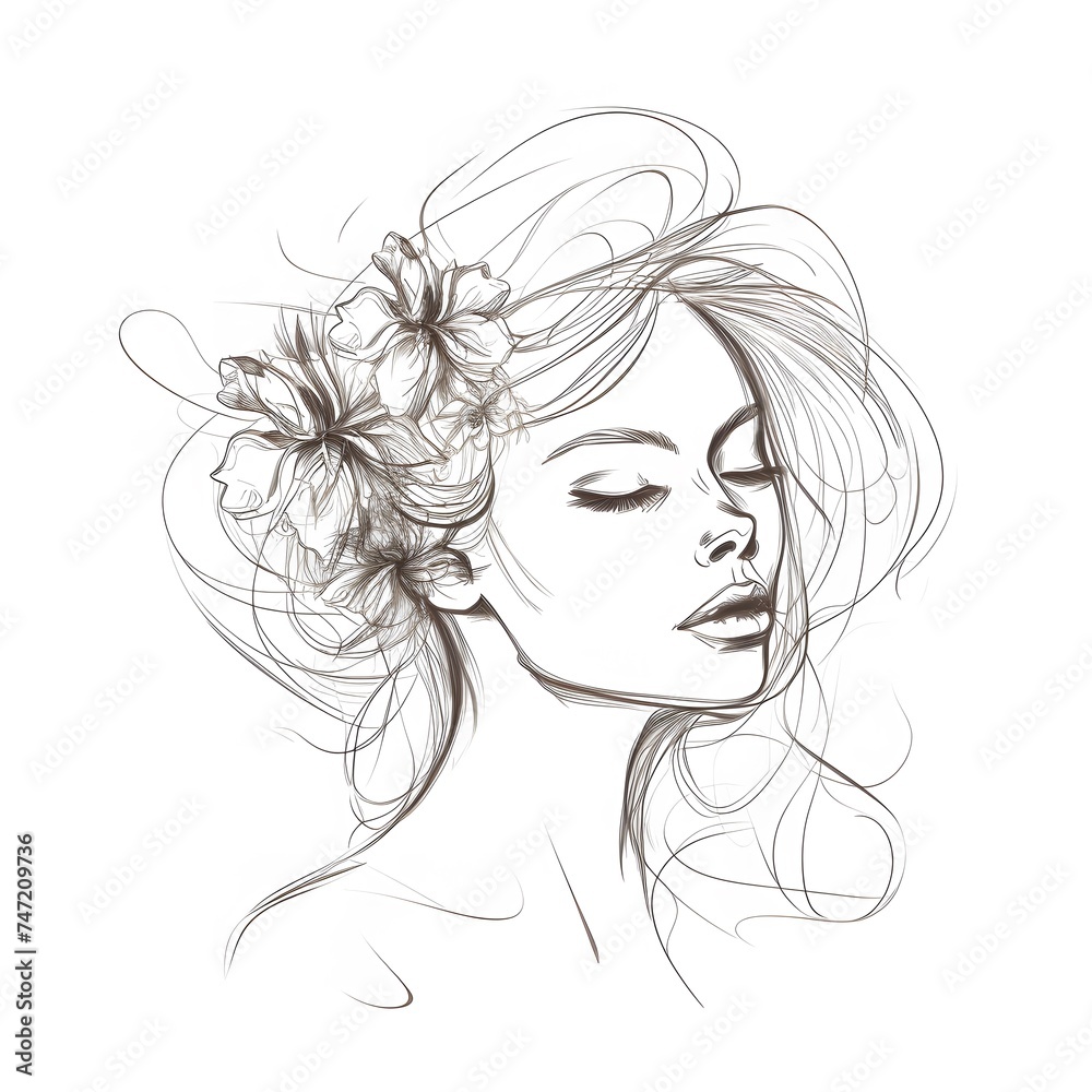 Woman head with flowers, line art Woman head with flowers, line art