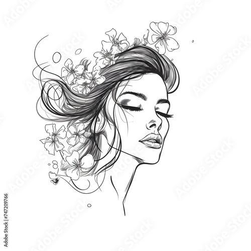 Woman head with flowers, line art