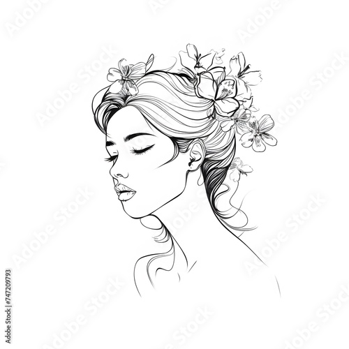 Woman head with flowers, line art