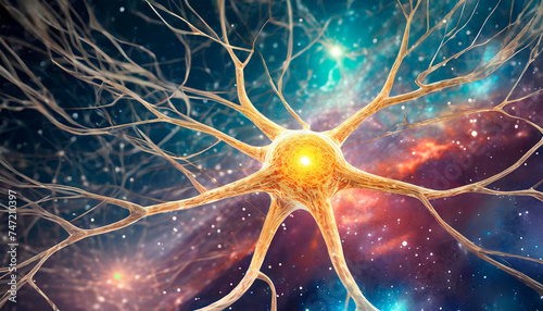 Detailed Illustration of a Neuron Cell With Glowing Nucleus Against a Cosmic Background photo