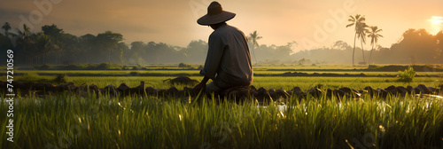 The Sun's Embrace: A Day in the Life of an Asian Farmer in Lush Rice Fields