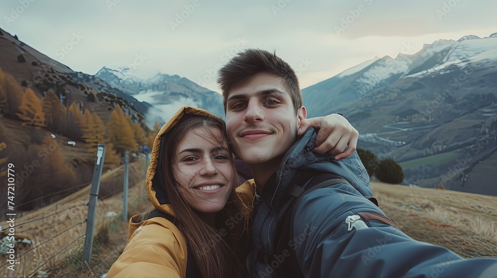 Selfie on the mountain peak of young happy couple man and woman