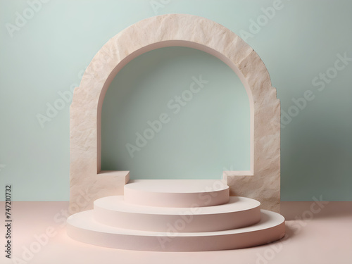 Empty pastel studio display podium blank products shelf standing backdrop. 