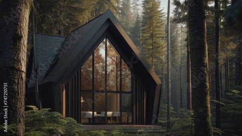 Modern luxury cabin house in deep forest