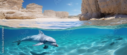 A light grey dolphin with a white underbelly gracefully swims underwater near a rocky cliff. The blue ocean background contrasts with the sandy bottom and distant rock formation.