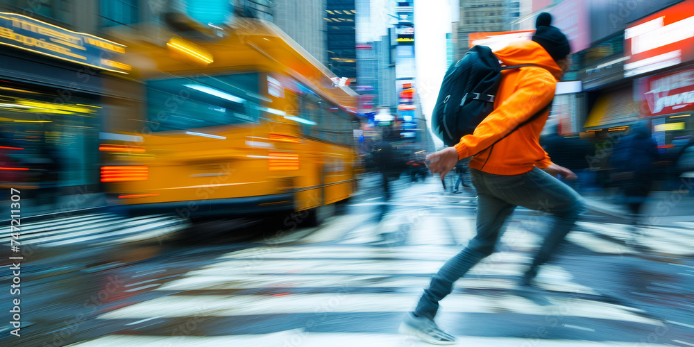 Dynamic City Life - Fast-Paced Pedestrian.
Person in vibrant attire briskly crossing a busy city street, blurred motion.