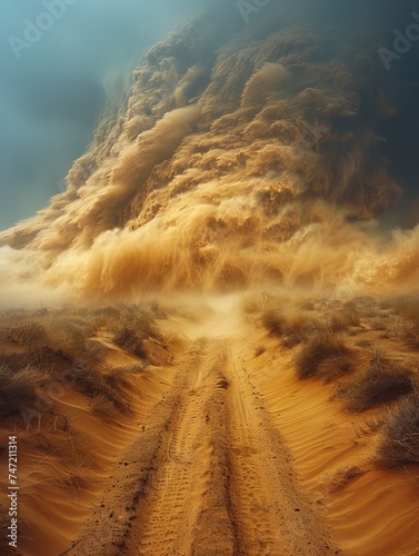 Dusty Dirt Road Cutting Through Arid Desert Landscape © hakule