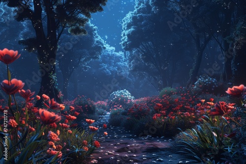 Night Forest With Red Flowers