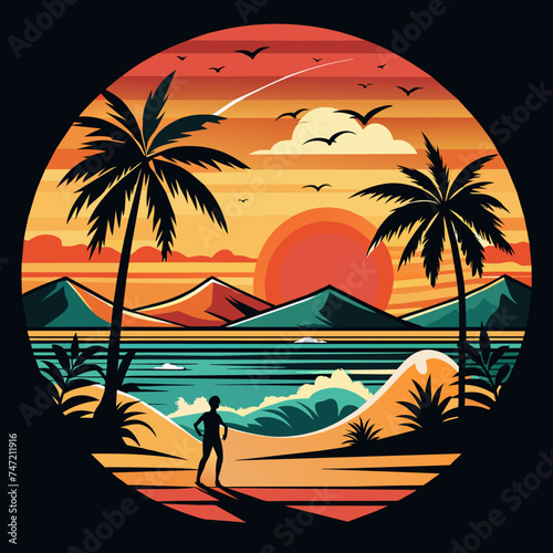 Hawaii Surfing at Sunset Beach  North Shore Oahu - Vector Illustration