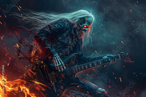 Skeleton Rockstar A Grim Reaper's Guitar Grip Generative AI photo