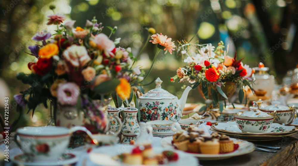 Fototapeta premium A garden tea party wedding with floral centerpieces, vintage teacups, and an assortment of teas and pastries — Creation and Development, Success and Achievement, Love and Respect